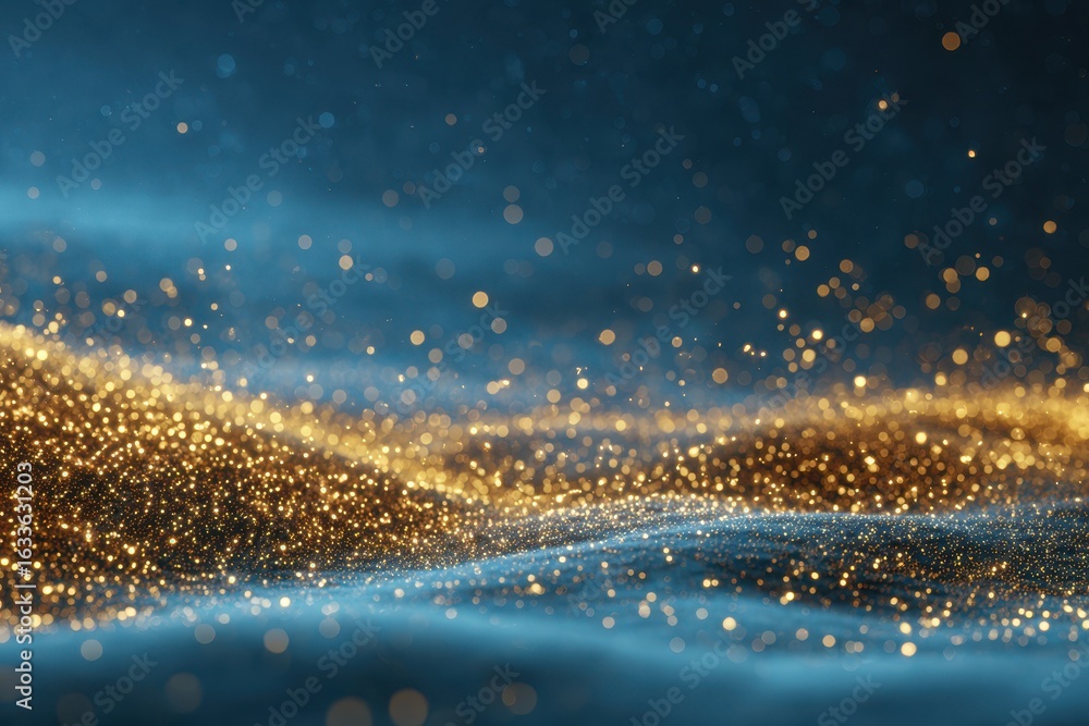 Poster gold dust particles swirl gracefully against a captivating blue background, creating a mesmerizing v