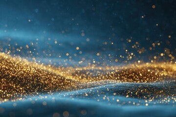 Fototapeta premium Gold dust particles swirl gracefully against a captivating blue background, creating a mesmerizing visual display of sparkling light in an abstract setting