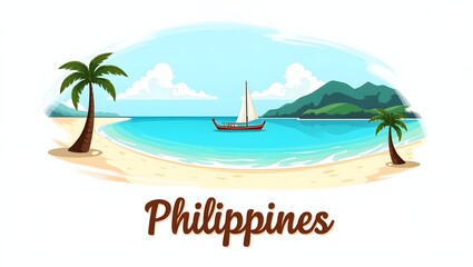 3D illustration of a picturesque Philippine beach with crystal-clear waters, white sands, and palm trees swaying in the breeze. The word 'Philippines' in 3D letters below. 2