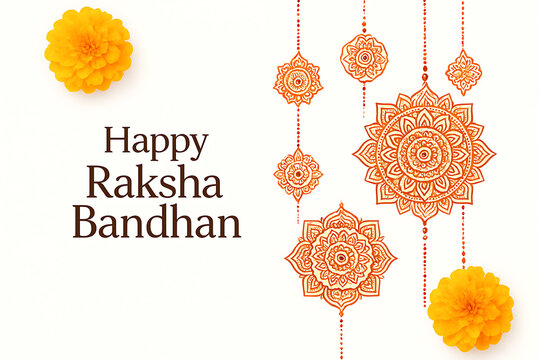 Happy Raksha Bandhan greeting card with marigold flowers, orange mandala, white background, festive celebration, traditional design