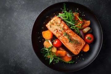 Pan-seared salmon fillet with roasted vegetables