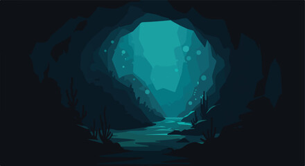 Teal cave opening, water flowing, some plants