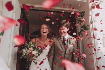 Joyful newlyweds celebrate their union exiting the church while surrounded by a beautiful shower of rose petals in a moment filled with love and happiness