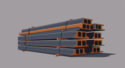 Cartoon stack of gray I-beams with orange accents on a gray background