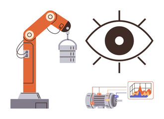 Robotic arm lifting an object, analytics chart, motor diagram, and monitoring eye symbolizing automation and AI. Ideal for manufacturing, AI, robotics, innovation, engineering data processing