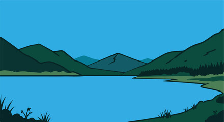 Flat, cartoonish lake bordered by mountains and forest against a blue sky