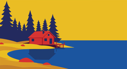 Lakeside cabin scene with evergreens under a golden sky
