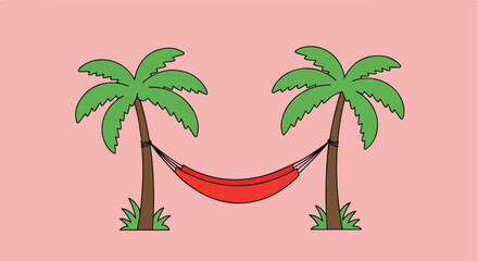 Cartoon of a red hammock strung between two cartoon palm trees