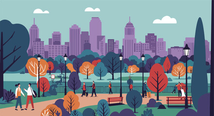 Stylized scene of people enjoying a city park with skyline backdrop