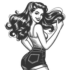 cheerful pin-up girl in high-waisted shorts, playfully flipping her long wavy hair sketch engraving generative ai fictional character vector illustration. Scratch board imitation. Black and white.