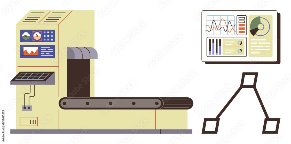 Poster conveyor belt mechanism alongside data screen showing graphs, analytics, and performance metrics. id