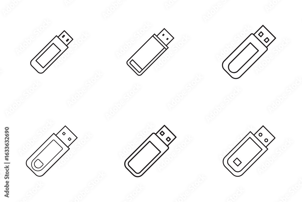 Poster usb flash drive icons set minimalist line art style for data storage and technology concepts in vect
