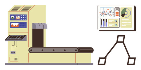 Conveyor belt mechanism alongside data screen showing graphs, analytics, and performance metrics. Ideal for manufacturing, automation, engineering, industry, robotics, technology workflow concepts