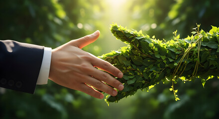 Professional handshake between a businessman and nature's embrace, symbolizing sustainable partnership and eco-friendly collaboration in a sunlit, lush environment.