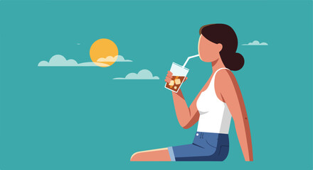 Sipping drink on bright teal day