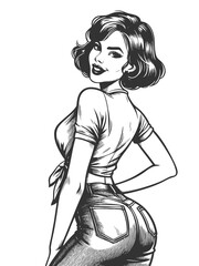 woman in tight jeans and tied top, glancing back with a playful, bold expression sketch engraving generative ai fictional character vector illustration. Scratch board imitation. Black and white image.