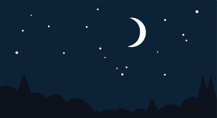 Night sky scene with crescent moon, stars, and silhouetted land