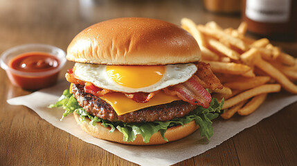 Burger Breakfast Delight: A tantalizing close-up of a gourmet burger stacked with a perfectly fried egg, crispy bacon, melted cheese, and fresh lettuce, alongside a heap of golden fries.