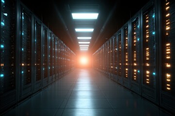 Rows of supercomputer servers in a modern data center illuminated by LED lighting with a bright glow at the end of the aisle showing advanced technology infrastructure