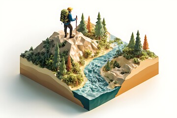 3D isometric icon illustration of a hiker with a backpack and walking stick standing on the top of a mountain in a forest,