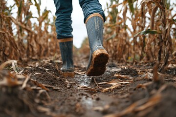 Fototapeta premium A person walks through a muddy cornfield wearing blue rubber boots. The field is dry with brown corn stalks and a cloudy sky in the background.