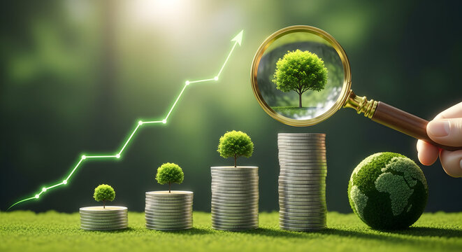 Stunning financial growth symbolized by money trees, rising graph, and magnifying glass examining earth, representing sustainable investment and global prosperity