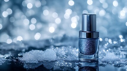 A bottle of silver nail polish on an icy surface, with a dark blue background and glittering diamonds in the background.