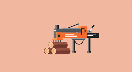 An orange log splitter with stacked wood, on a peach-colored background