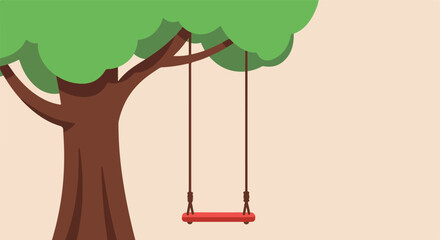 Stylized tree with a red swing hanging from a branch against light beige
