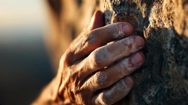 Close-up of a chalked climber&rsquo;s hand gripping rough rock at golden hour. Sunlight highlights skin texture, veins, and stone detail in this intense, high-detail shot.