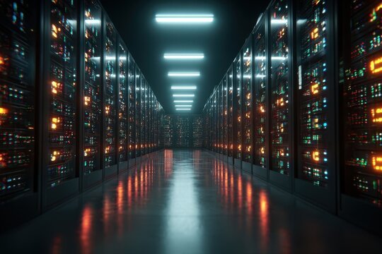 Rows of supercomputer servers illuminate a high-tech data center in a futuristic environment during evening hours