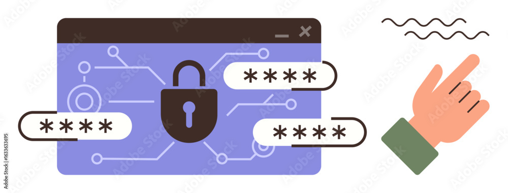 Aufkleber browser with encrypted passwords, data lock, digital circuits, and a hand gesture. ideal for cyberse