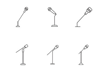 Variety of Microphone Stand Illustrations for Podcast Recording and Public Speaking Venues Minimalist Design on White Background