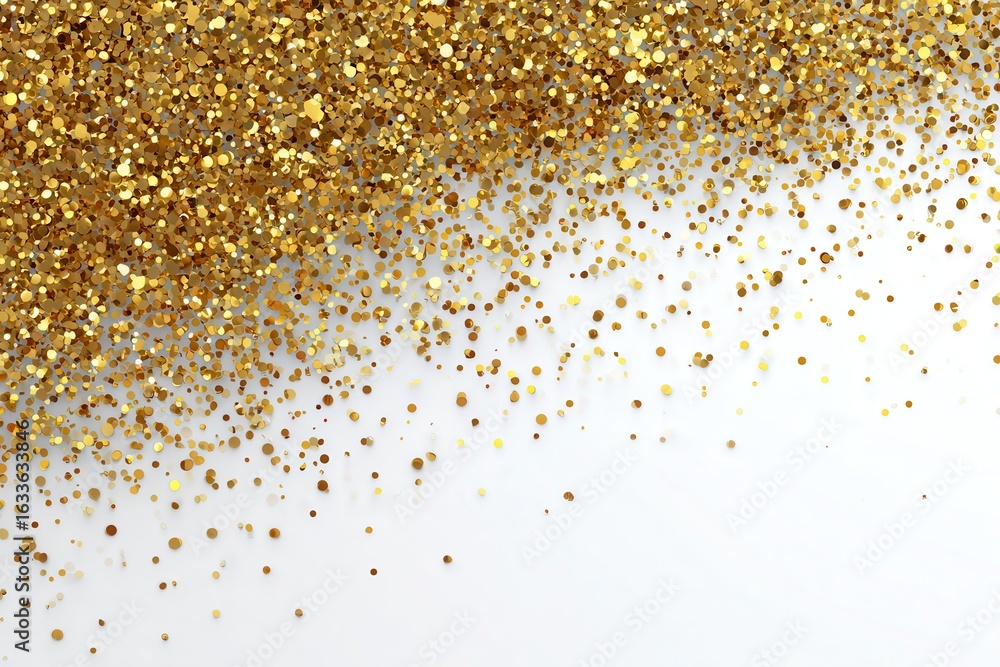 Poster gold shimmering glitter particles scatter across a white surface, creating a sparkling effect suitab