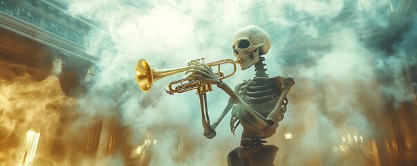 A skeleton playing the trumpet in an ethereal space with clouds of smoke and lights, creating an atmosphere reminiscent of magical realism. 