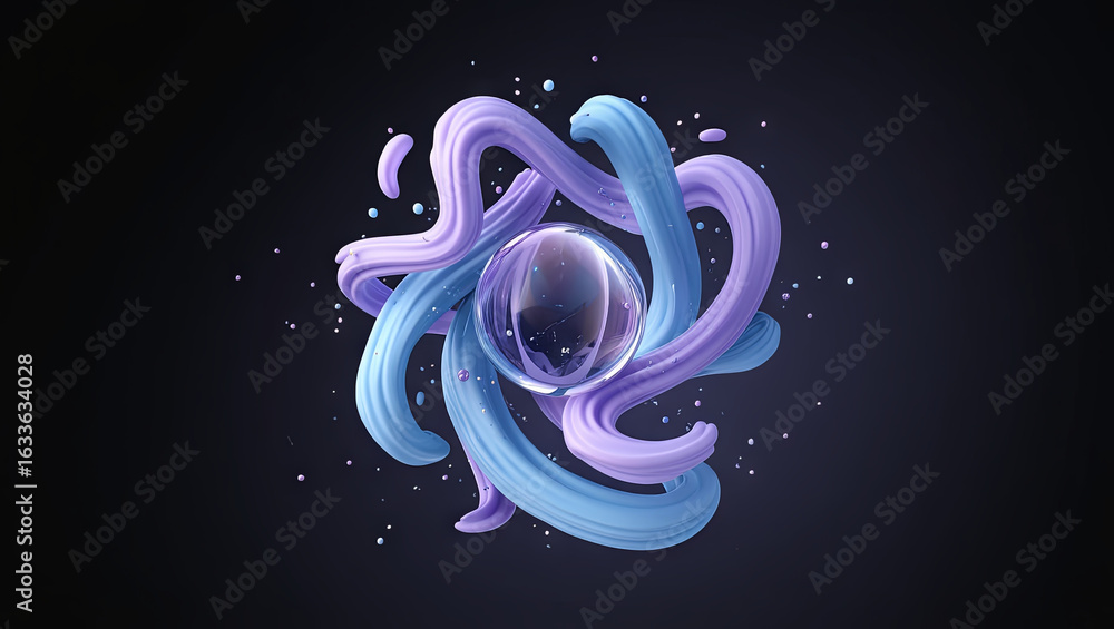 Aufkleber dynamic composition showcases fluid shapes in blue and purple swirling around a transparent orb, cre