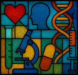 Obraz premium Abstract stained glass design featuring heart, DNA helix, syringe, microscope, and medical tools, symbolizing healthcare and scientific research, healthcare and medical background