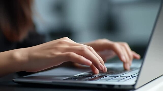 Hands type on a laptop keyboard in a blurred office setting