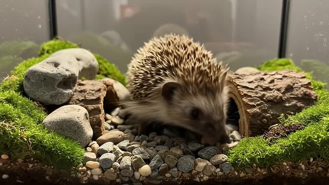 Spiky hedgehog explores a rocky, mossy terrain with small rock tunnels