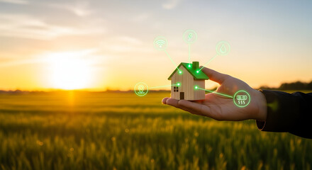 Future home ownership realized with smart technology and sustainable living showcased against a breathtaking golden sunset over lush green fields