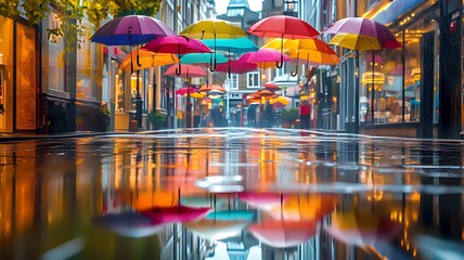 Colorful umbrellas float above the street in London, England. Beautiful cityscape with reflections on the wet pavement after the rain. 