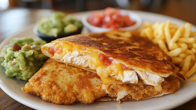 Savory Chicken Quesadilla Plate: A close-up captures a mouthwatering quesadilla loaded with grilled chicken, melted cheese, and fresh tomatoes. - Powered by Adobe