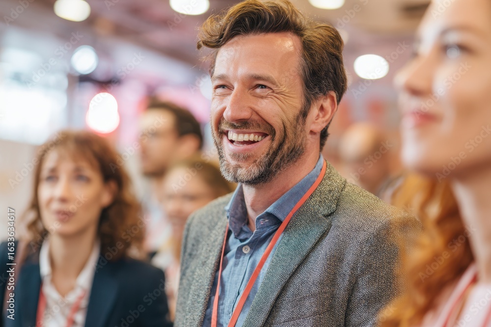 Poster happy man laughing during a social gathering in an indoor venue with a group of people in the backgr