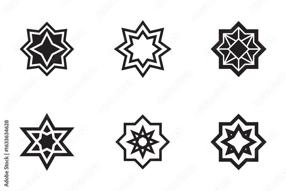 Poster set of six geometric star icons for design elements decoration and creative projects featuring abstr