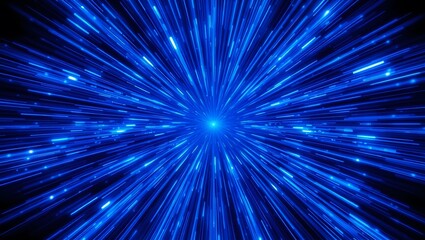 Abstract blue light streaks radiating from a central point on a dark background creating depth