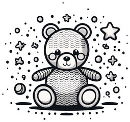 Obraz premium Cute Teddy Bear Outline with Stars and Dots Cartoon Vector Illustration