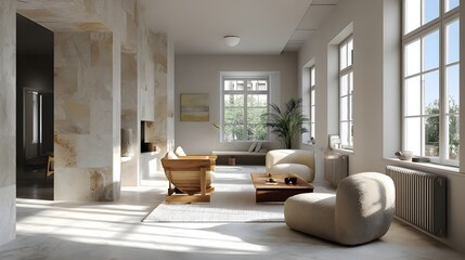 Fototapeta premium Modern Living Room Minimalist Travertine Bauhaus Danish Style Sunny Weather Vibrant Accents Crisp Details Radiant Lighting Elegant Design Luxurious Ambiance (AI-Generated)
