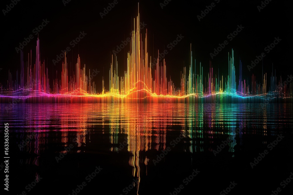 Aufkleber vibrant sound waves rise in a spectrum of colors reflecting on a calm surface, creating a mesmerizin