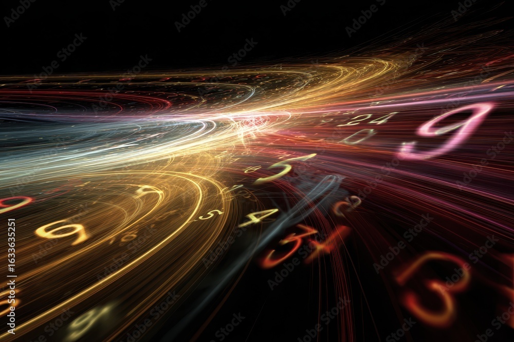 Poster colorful abstract digital lines and numbers create a mesmerizing display of motion and rhythm in a v