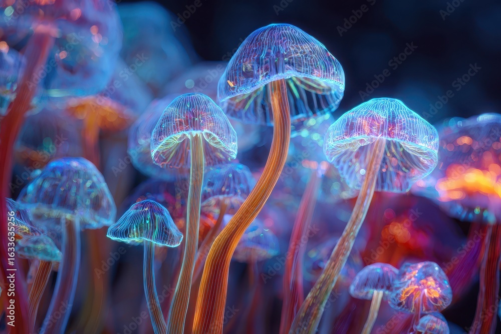 Poster mushrooms glow in vibrant colors under soft lighting, creating an enchanting atmosphere in a lush fo